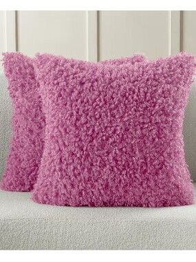 Futei NWT 2pc 20" Boucle Square Throw Pillow Covers In Hot Pink Faux Shearling